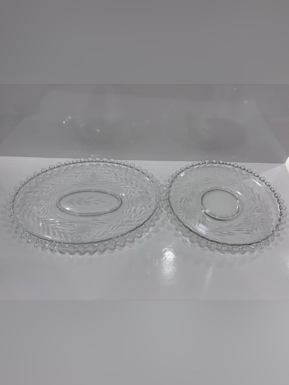 Vintage etched glass serving plate and oval platter set beaded coin&floral rim